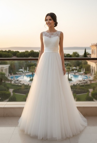 Белое свадебное платье а-силуэта с кружевным верхом