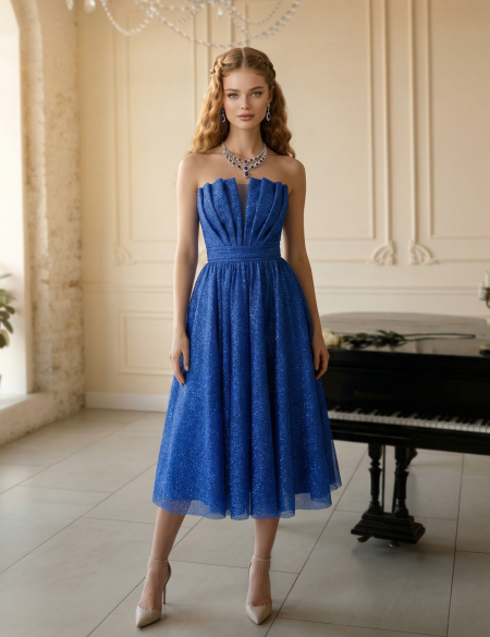 Синее блестящее платье миди бандо