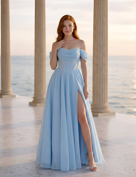 Голубое платье со спущенными плечами и разрезом на ноге а-силуэт