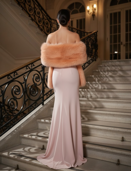 Персиковый палантин (накидка) из натурального меха песца