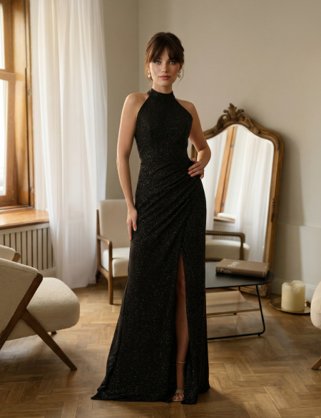 Чёрное вечернее платье с разрезом и высоким воротом