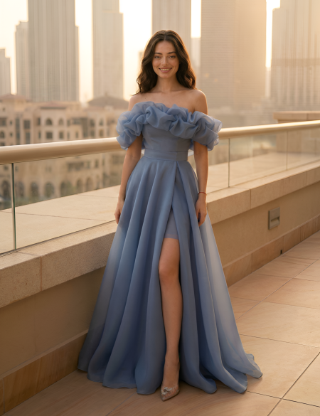 Платье трансформер из органзы с оборкой - Индиго