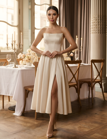 Бежевое атласное платье миди с рукавами из органзы