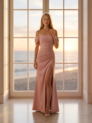 Пудровое атласное платье по фигуре с разрезом на ноге