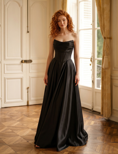 Чёрное атласное платье с разрезом на ноге и корсетным лифом