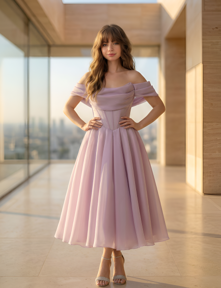 Пудровое платье со спущенными плечами а-силуэт