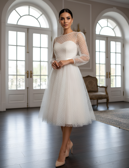 Бежевое платье в горошек с длинными рукавами