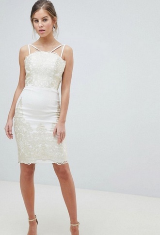 Кремовое платье на бретельках с золотой вышивкой