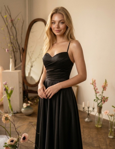 Чёрное атласное  платье на лямках с разрезом на ноге