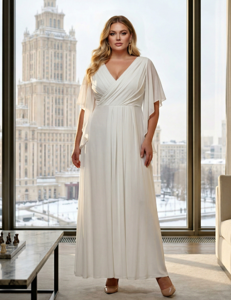 Белое трикотажное платье с шифоновыми рукавами крыло