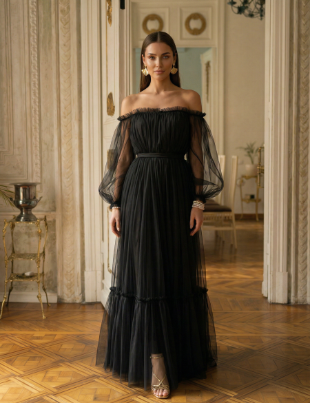 Черное фатиновое платье с пышными рукавами