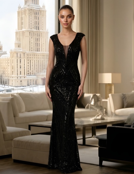 Черное платье из пайеток с бисером на спине