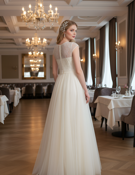 Кремовое фатиновое платье со стразами на лифе и поясе