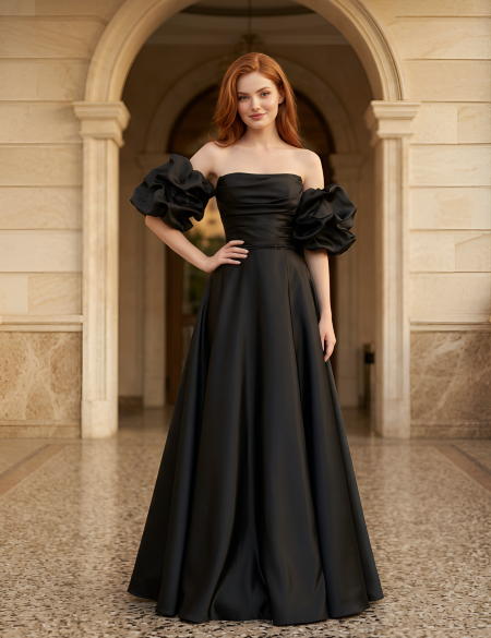 Черное платье бандо из органзы, с разрезом на ноге и буфами