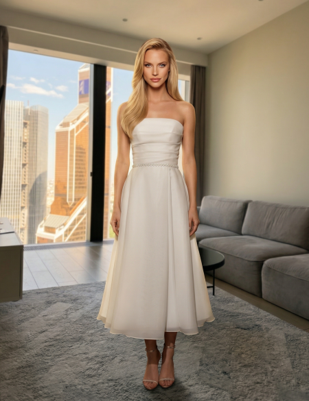 Белое платье миди из органзы с пояском