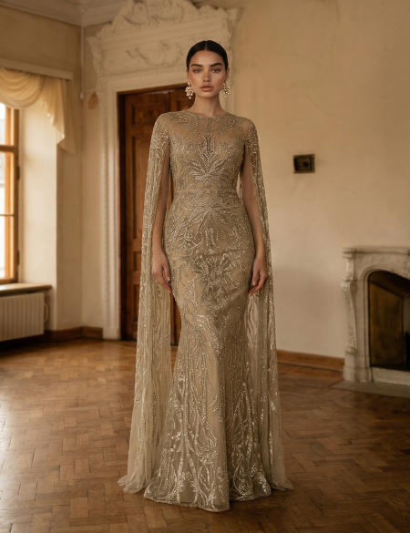 Золотое платье по фигуре с длинными рукавами