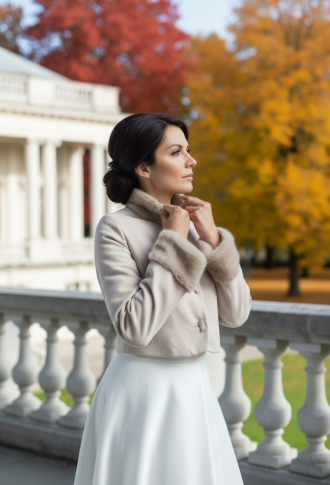 Бежевый жакет, пиджак для вечернего платья с воротником стойкой и манжетами под норку