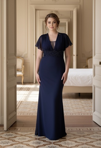 Тёмно-синее шифоновое платье с кружевной отделкой на поясе