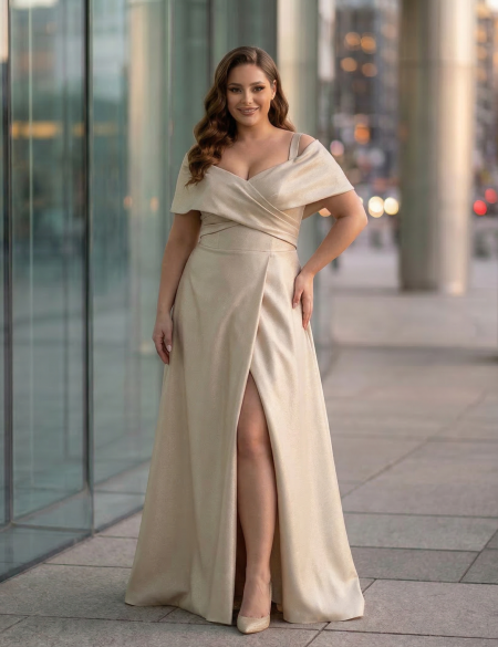 Бежевое атласное платье по фигуре со спущенными плечами