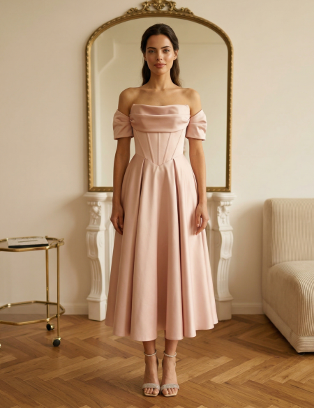 Пудрово-розовое платье миди А-силуэта с корсетным лифом и спущенными рукавами
