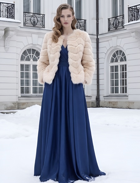 Шуба из меха кролика персиковая