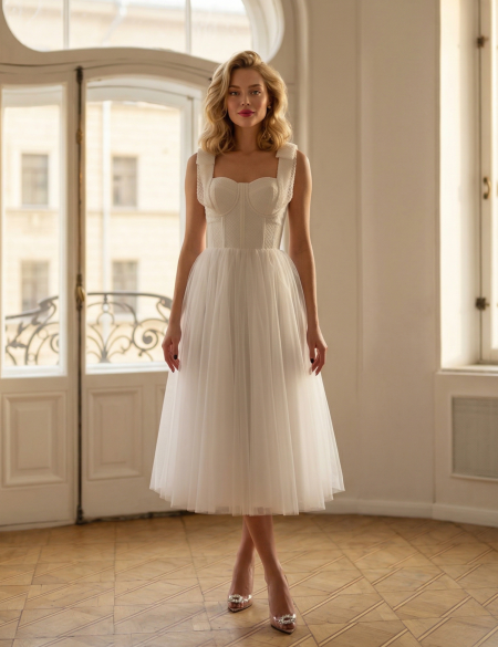 Белое платье миди юбка фатин, верх глиттер с бантиками на плечах