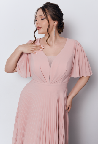 Розовое платье миди с плиссированной юбкой и рукавами-крылышками