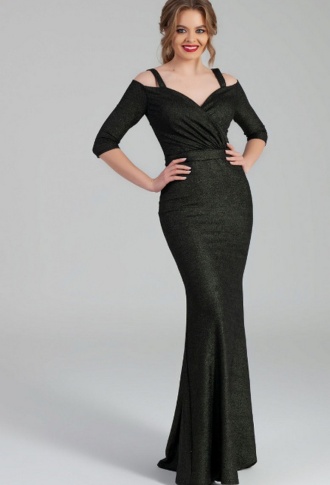 Графитовое вечернее платье-русалка со спущенными плечами на бретельках и рукавом 3\4