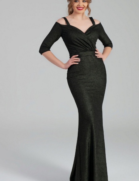 Графитовое вечернее платье-русалка со спущенными плечами на бретельках и рукавом 3\4