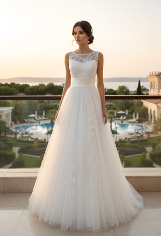 Белое свадебное платье а-силуэта с кружевным верхом 