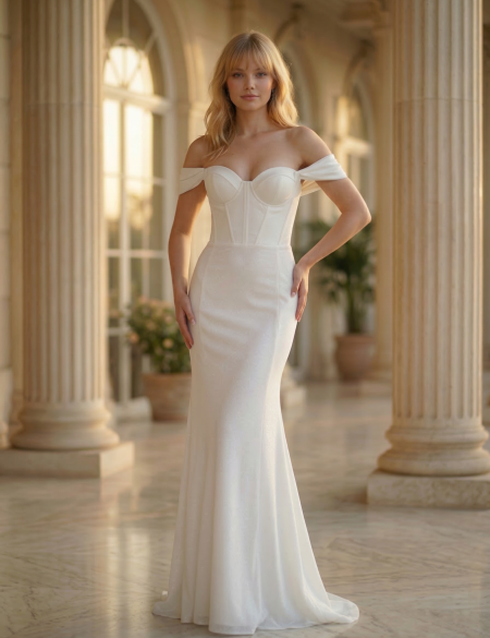 Белое блестящее платье по фигуре с длинными фатиновыми рукавами