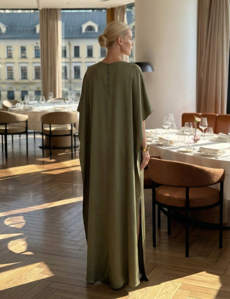 Оливковое платье с кейпом