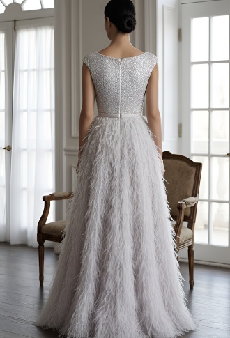 Пудровое блестящее платье с перьями