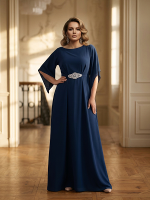 Тёмно-синее платье по фигуре с брошью на талии и рукавами