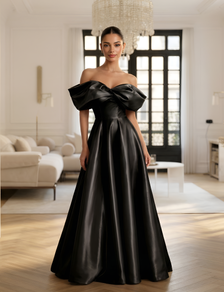 Чёрное вечернее платье в пол из блестящей органзы