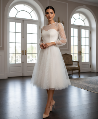 Бежевое платье в горошек с длинными рукавами