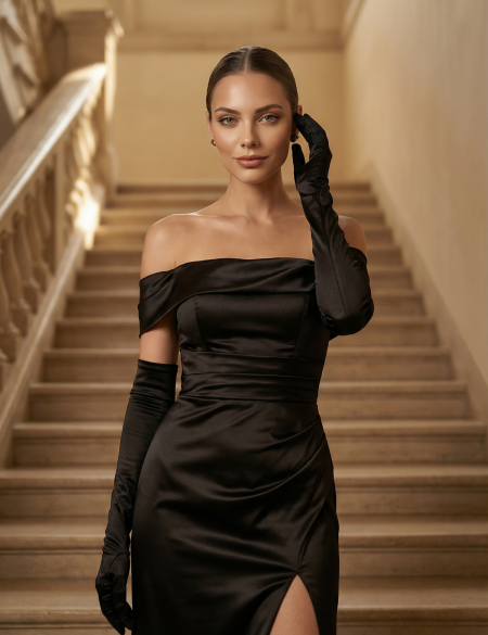 Чёрное атласное платье по фигуре с разрезом на ноге