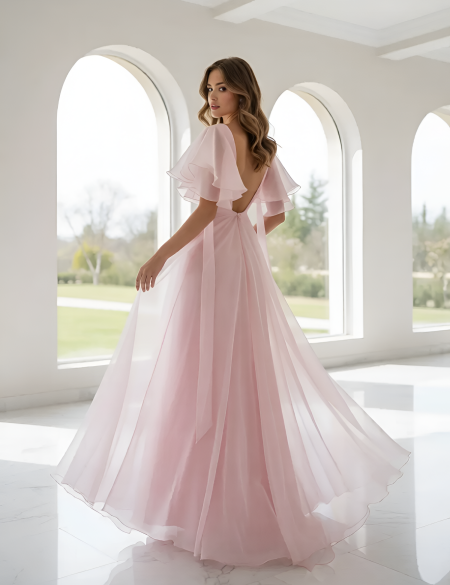 Розовое платье из органзы с открытой спиной и рукавами крыло