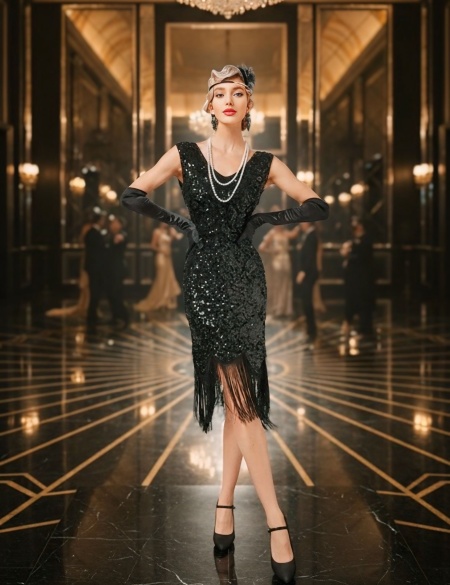 Чёрное платье из пайеток в стиле Гэтсби