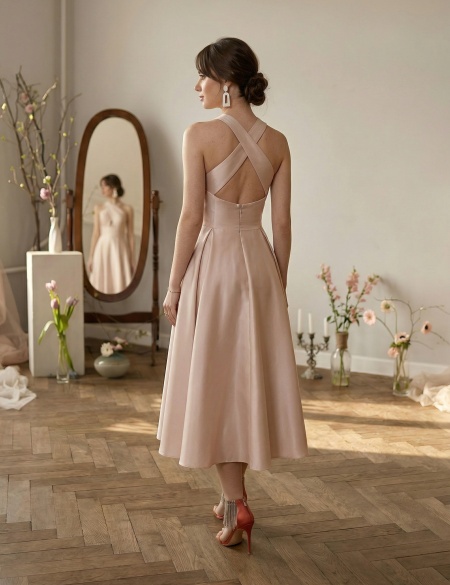 Бежевое атласное платье миди с крестом