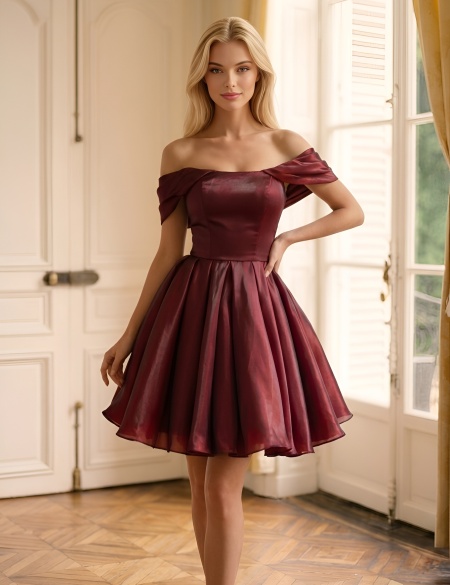 Красное пышное платье мини со спущенными плечами