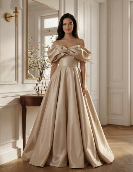 Бежевое вечернее платье в пол из блестящей органзы
