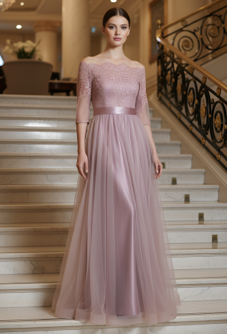 Пудровое фатиновое платье со спущенными плечами, рукава 3\4
