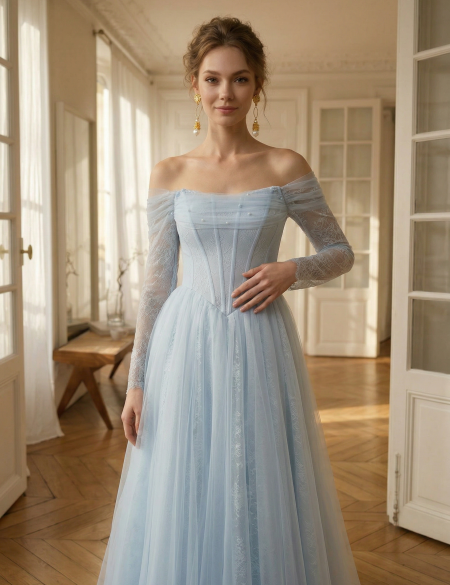 Голубое платье с корсетом и кружевными рукавами