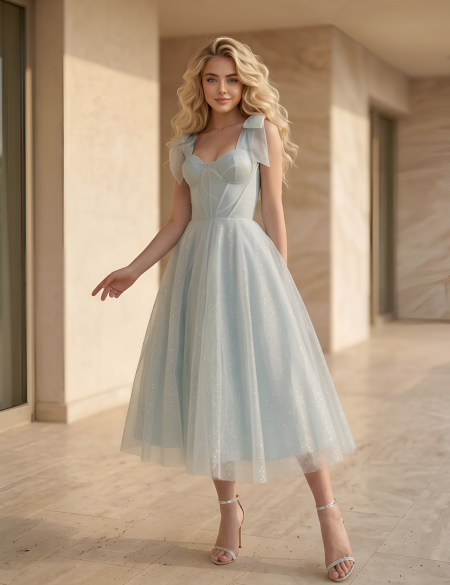 Голубое блестящее платье миди с бантиками на плечах