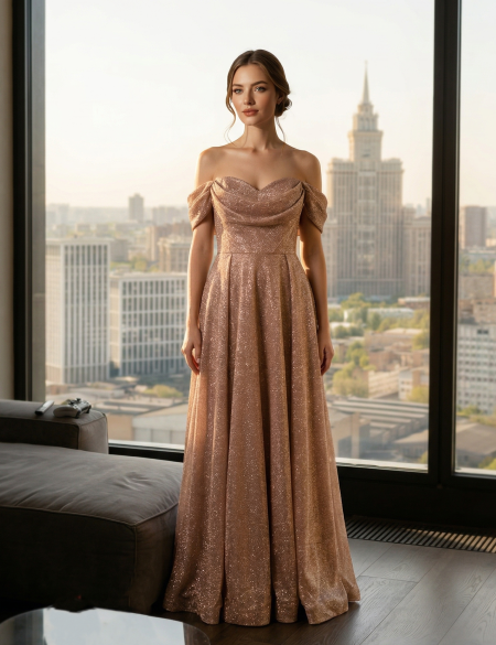 Золотое вечернее блестящее платье
