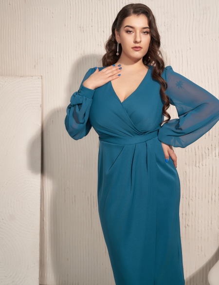 Платье миди с рукавами Морская волна