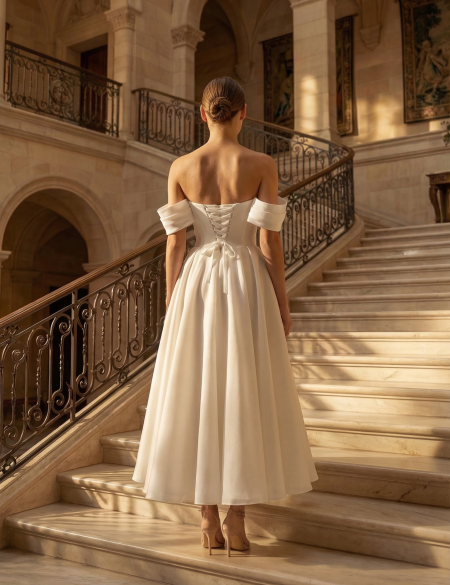 Белое платье со спущенными плечами а-силуэт