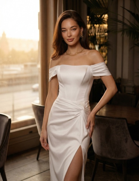 Белое платье миди с разрезом и спущенными плечами