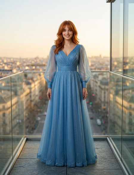 Голубое блестящее платье с длинными рукавами